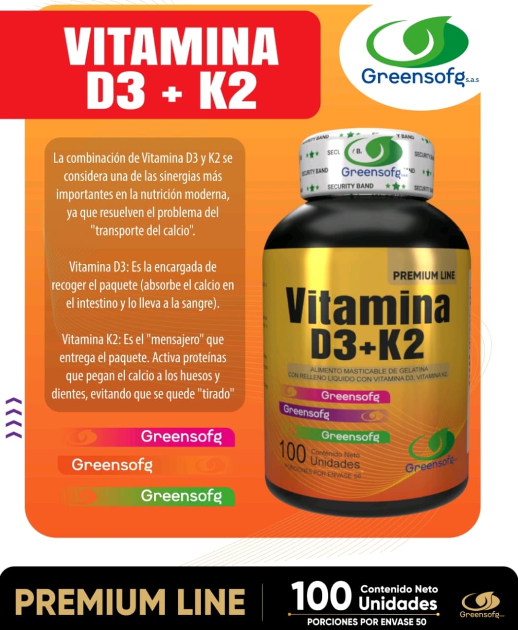 VITAMINA D3 + K2 - 100 CÁPSULAS GREENSOFG